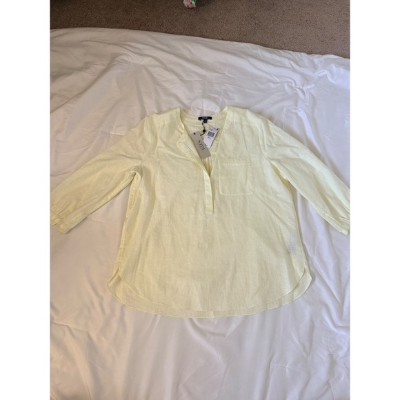 NYDJ Tops - NYDJ Soleil Yellow Linen Blend 3/4 Sleeve Pintuck Tunic Top Blouse NWT Medium